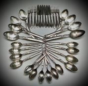 A suite of Mappin & Webb silver plated cutlery comprising of 8 table knives, 8 dessert knives, 8