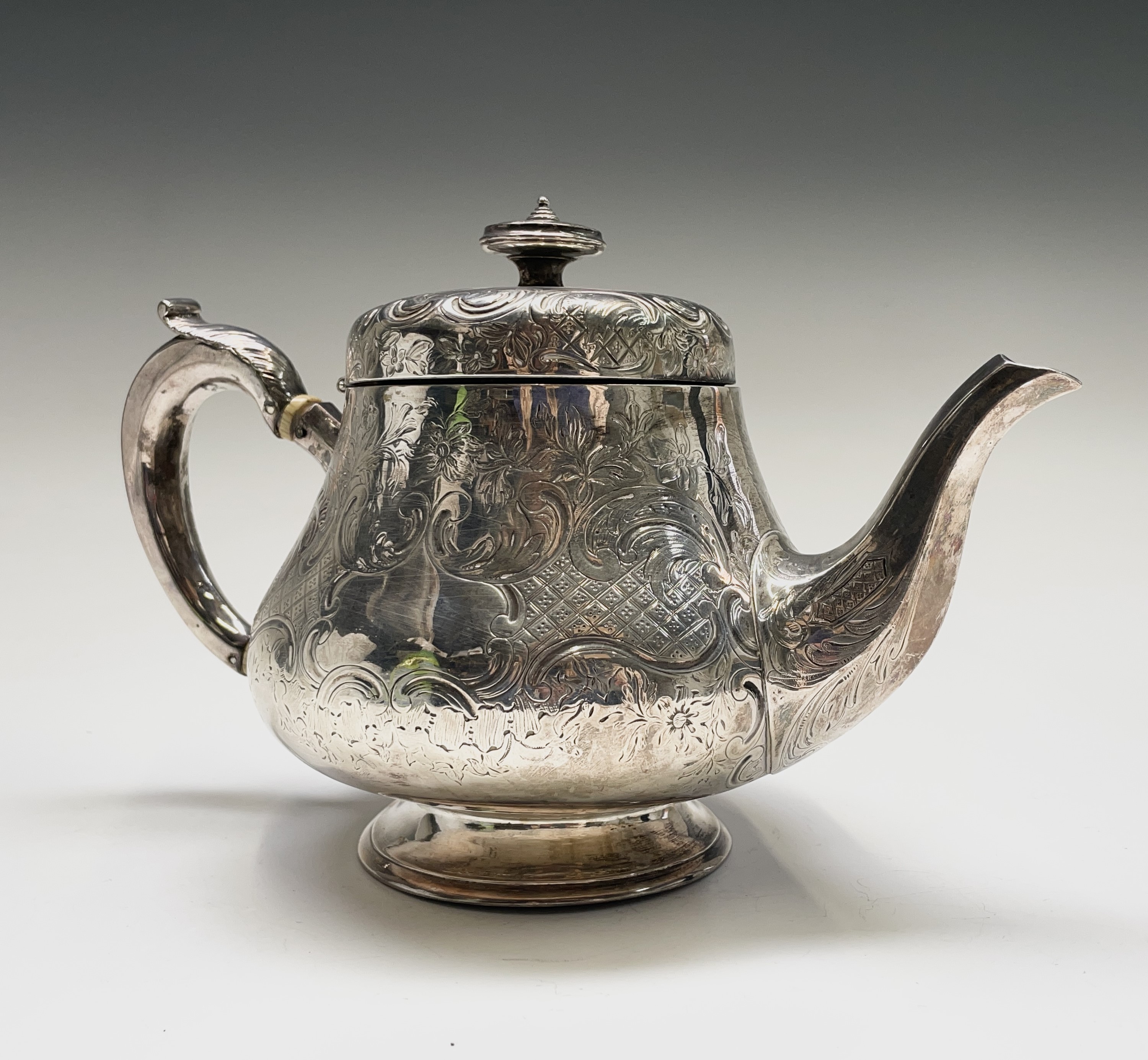 A Victorian Dublin silver pear shape engraved teapot by Robert W Smith Dublin 1849 23.7oz Later G. - Image 9 of 14