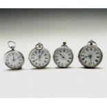 Four silver open face small pocket watches, each with an enamel band on white. Three have a key wind