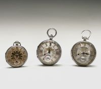 Three Victorian key wind silver pocket watches, each has a silver dial with gold embellishment The
