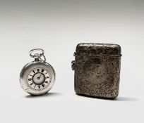 A silver half-hunter cased key-wind fobwatch and a large late Victorian engraved vesta case