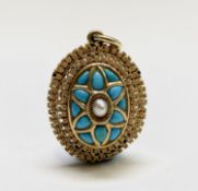 A good Victorian gold pendant set with turquoise and a central pearl width 25.3mm 14.8gm