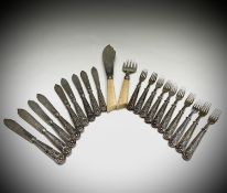 A set of nine Mappin & Webb Kings Pattern fish knives and ten matching forks Sheffield 1958, 33.