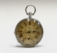 A silver key-wind pocket watch with ornate gold decorated open face 49.2mm. Phillip Wadsworth.