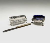 An early George III plain silver open salt 1.83oz, a cut glass small pot with pique lid by W J Myatt