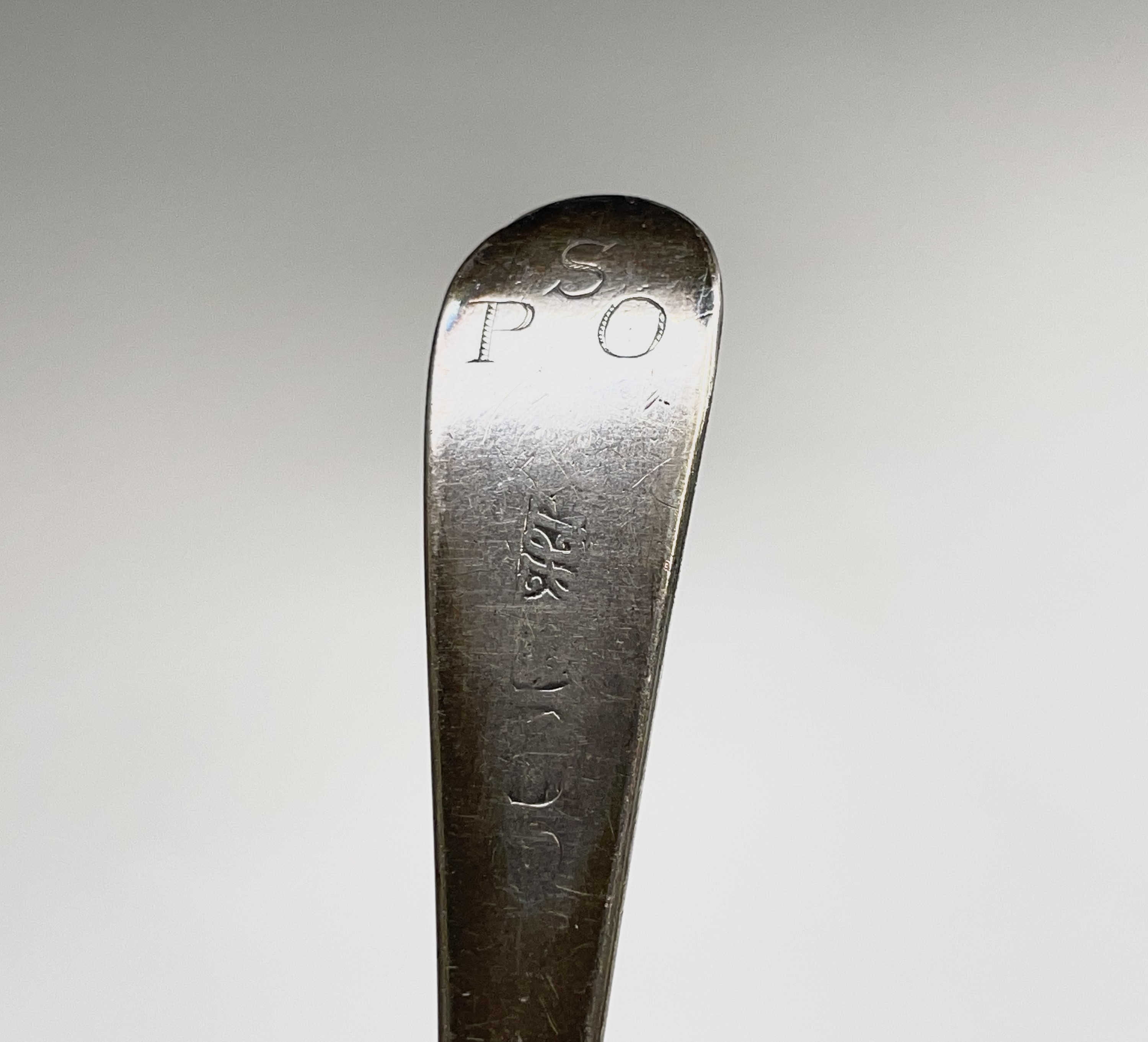 Two George III silver tablespoons marks worn, one has a lace back bowl and Hester Bateman makers - Image 6 of 11