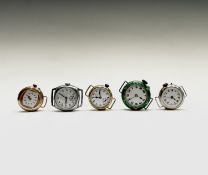 A trench wristwatch with green enamel bezel decorated with gilt butterflies 32.5mm diameter,