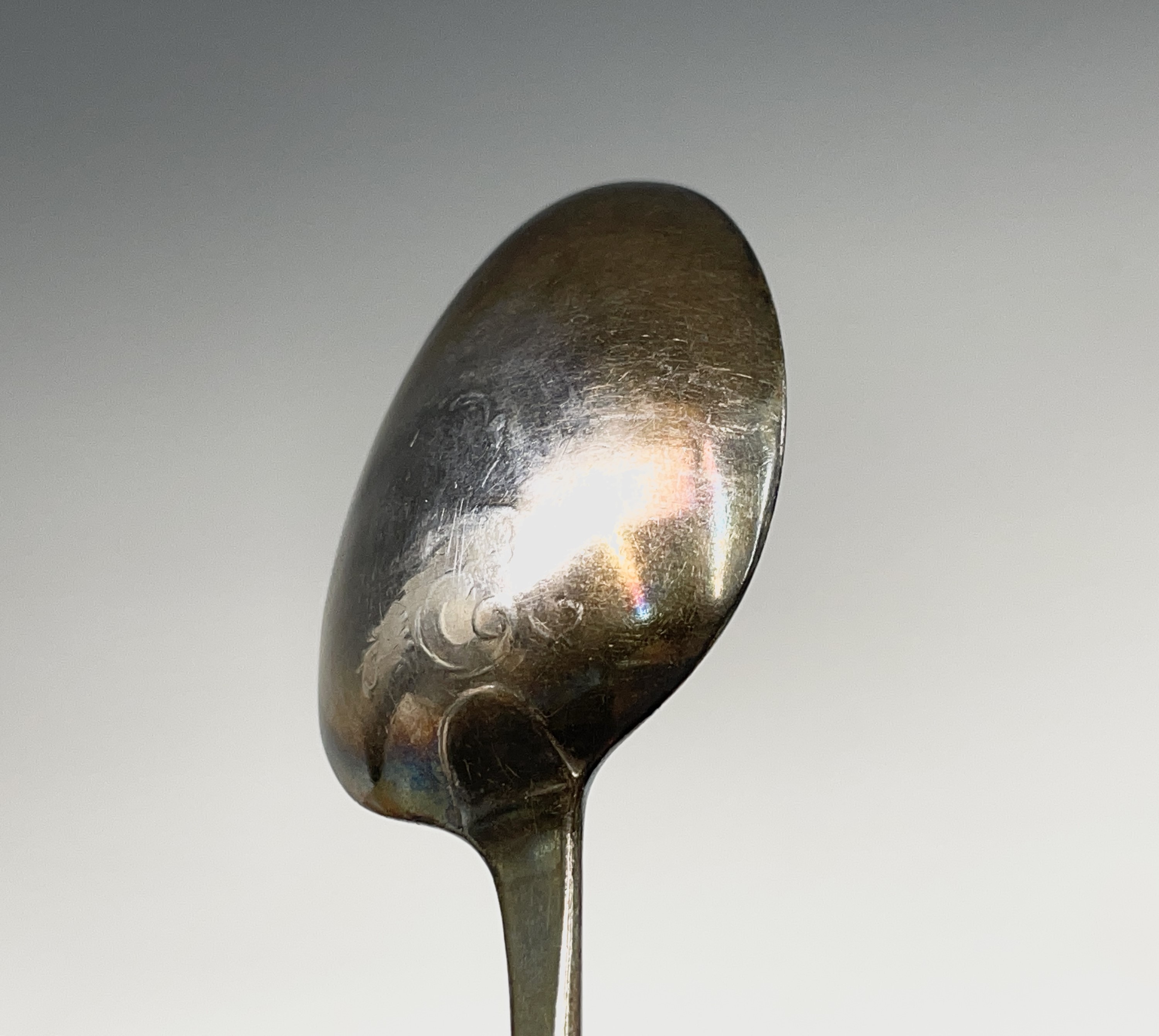 Two George III silver tablespoons marks worn, one has a lace back bowl and Hester Bateman makers - Image 7 of 11