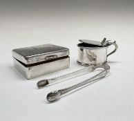 An engine-turned small cigarette box, a pair of Georgian silver sugar tongs and an epns mustard with
