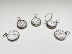 Five silver key-wind fob watches each with open white face and subsidiary seconds dial, the