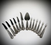 A set of six Mappin & Webb King's pattern fruit forks and five matching knives Elizabeth II