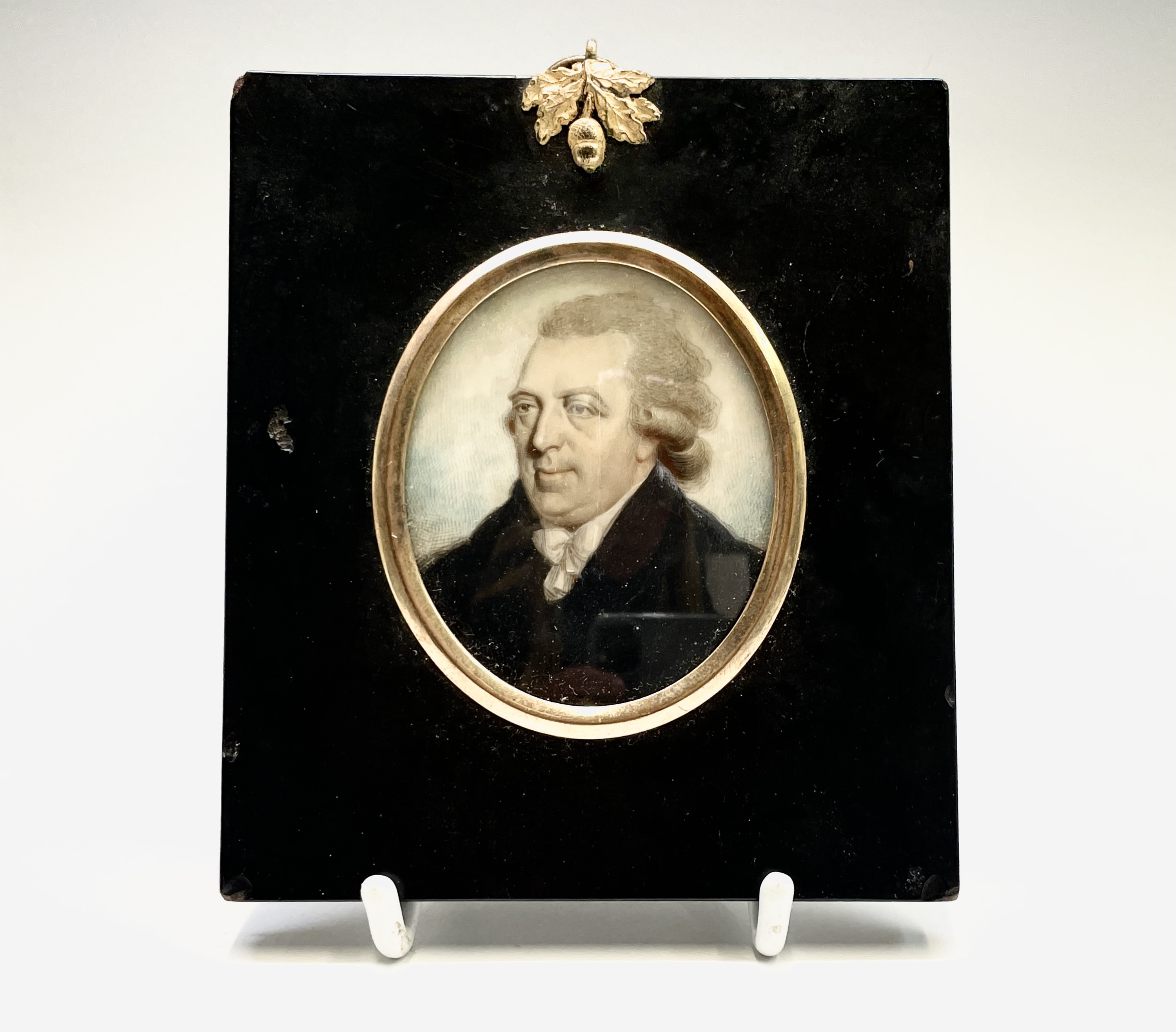 A portrait of a bewigged gentleman with blue coat attributed to John Barry (fl. 1784 - 1827) 6.5x5cm - Image 4 of 5