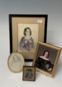 Four portrait miniatures of ladies, one being on porcelain 13x10cm, another a watercolour 16.5x11.