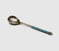 A Moscow silver-gilt and cloisonne spoon, makers mark W U ?, town and purity marks 11cm 17.4gm