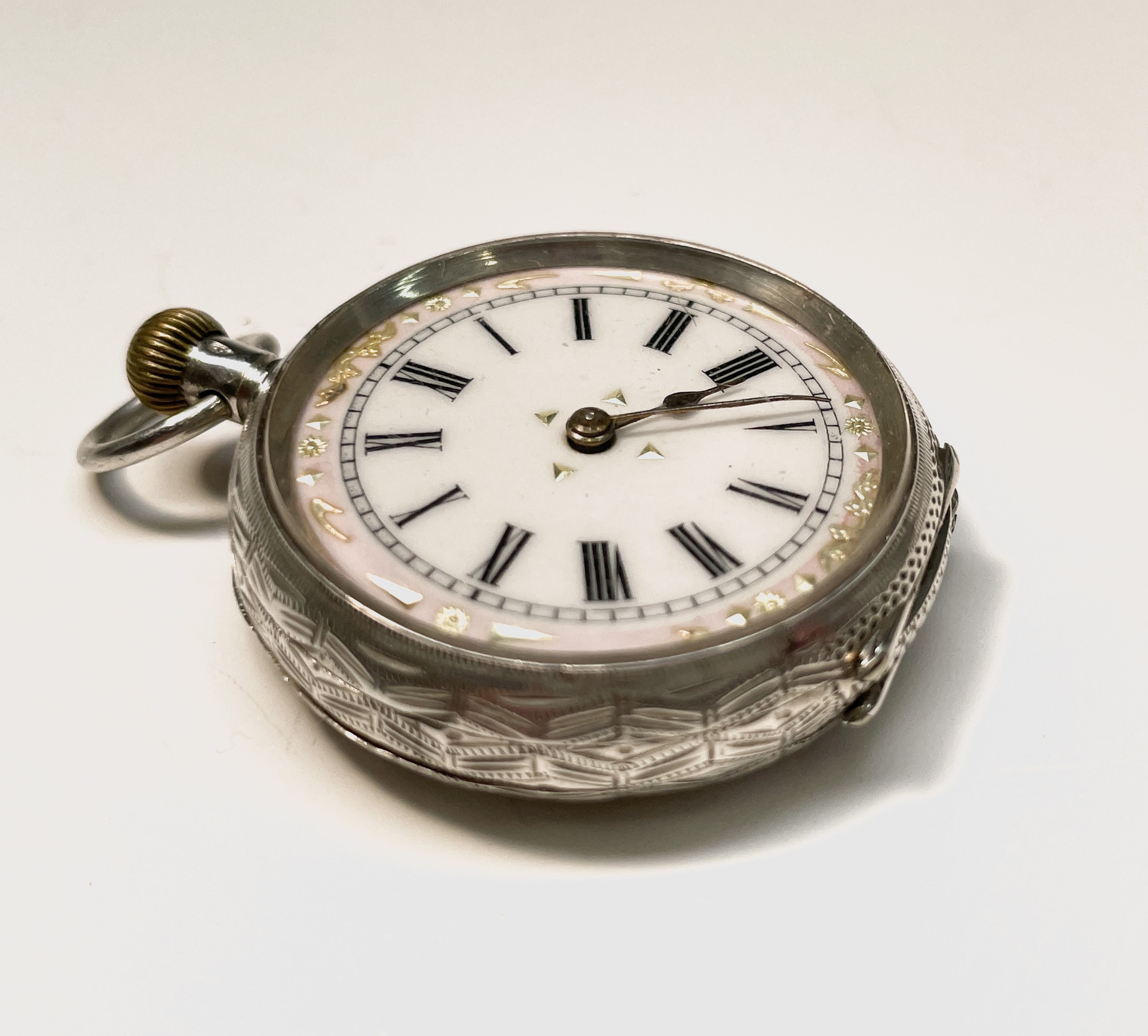 Ten silver cased keyless fob watches each with an ornamental dial and each with engraved decoration. - Image 43 of 60