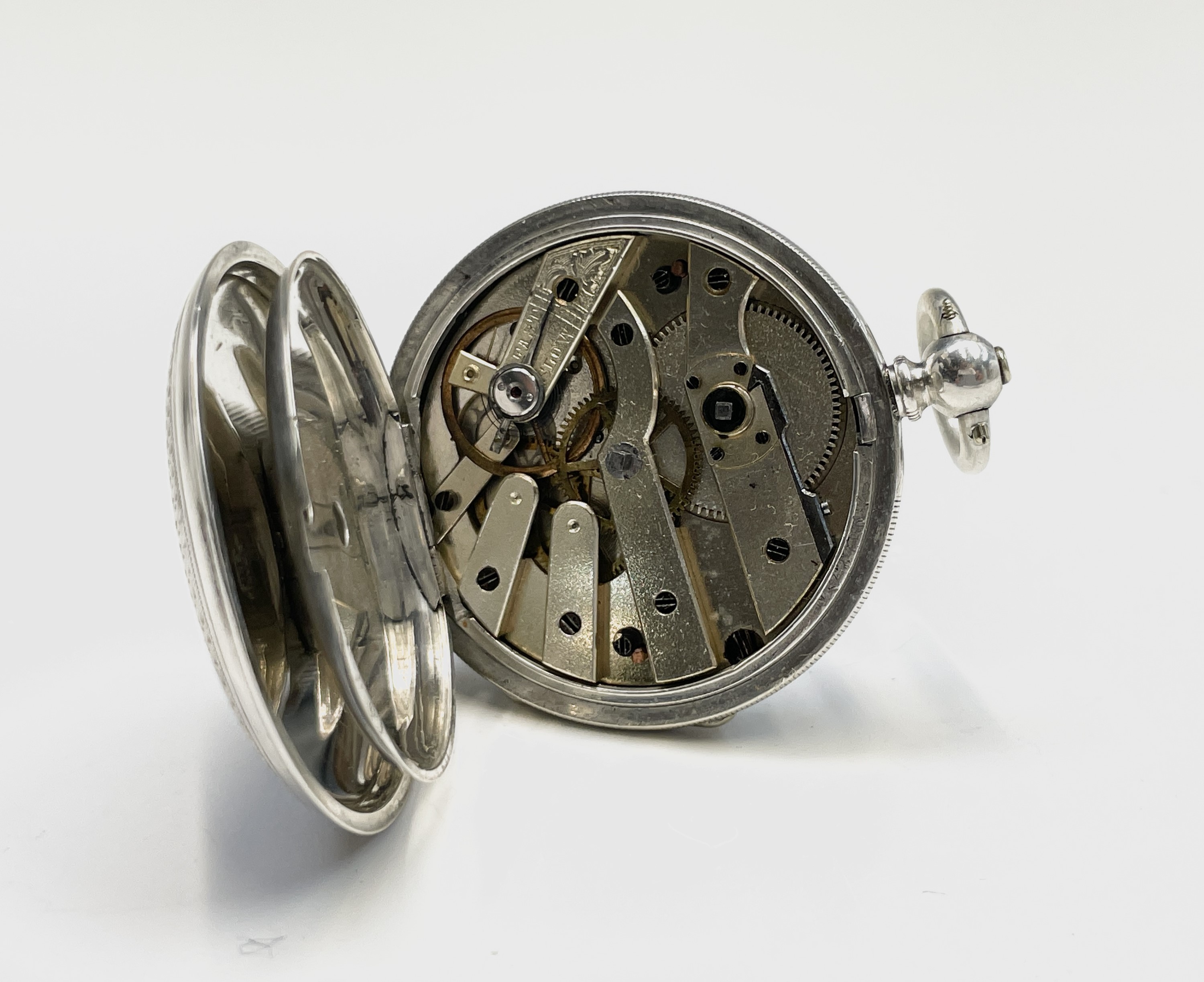 Ten silver cased key-wind fob watches each with plain white open face, the largest is 41mm. - Image 5 of 75