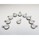 Ten silver cased key-wind fob watches each with plain white open face, the largest is 41mm.