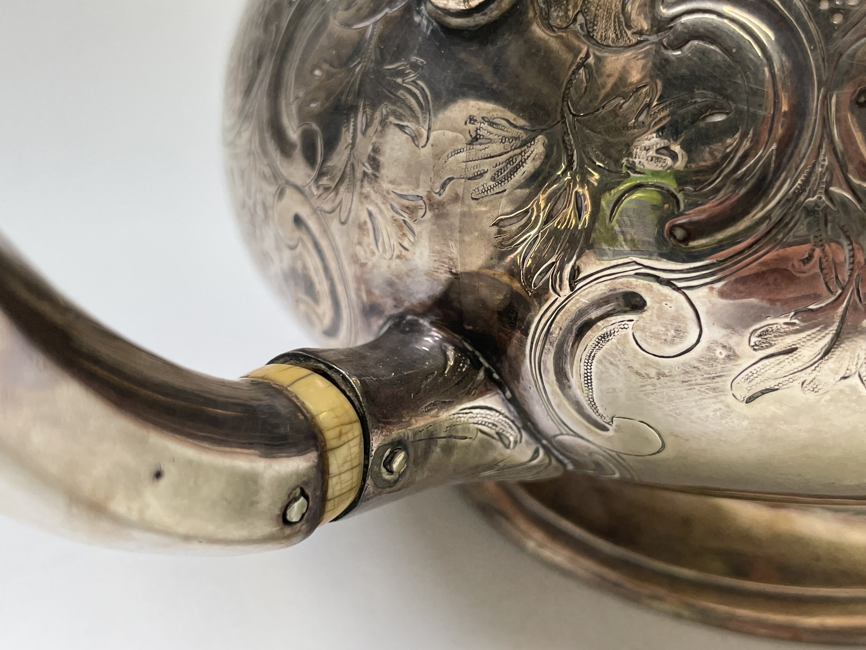 A Victorian Dublin silver pear shape engraved teapot by Robert W Smith Dublin 1849 23.7oz Later G. - Image 3 of 14