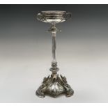 An Elkington silver table centre with a fluted column beneath a beaded bowl with three handles,