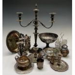 Various silver-plated pieces, including a Regency style hot water jug by Mappin and Webb, a triple