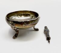 A silver open salt, with Russian hallmarks, 49.5gm together with a silver and enamelled propelling