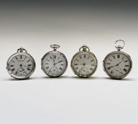 Three silver key-wind open face pocket watches and a fourth in base metal case diameter 53.4mm and