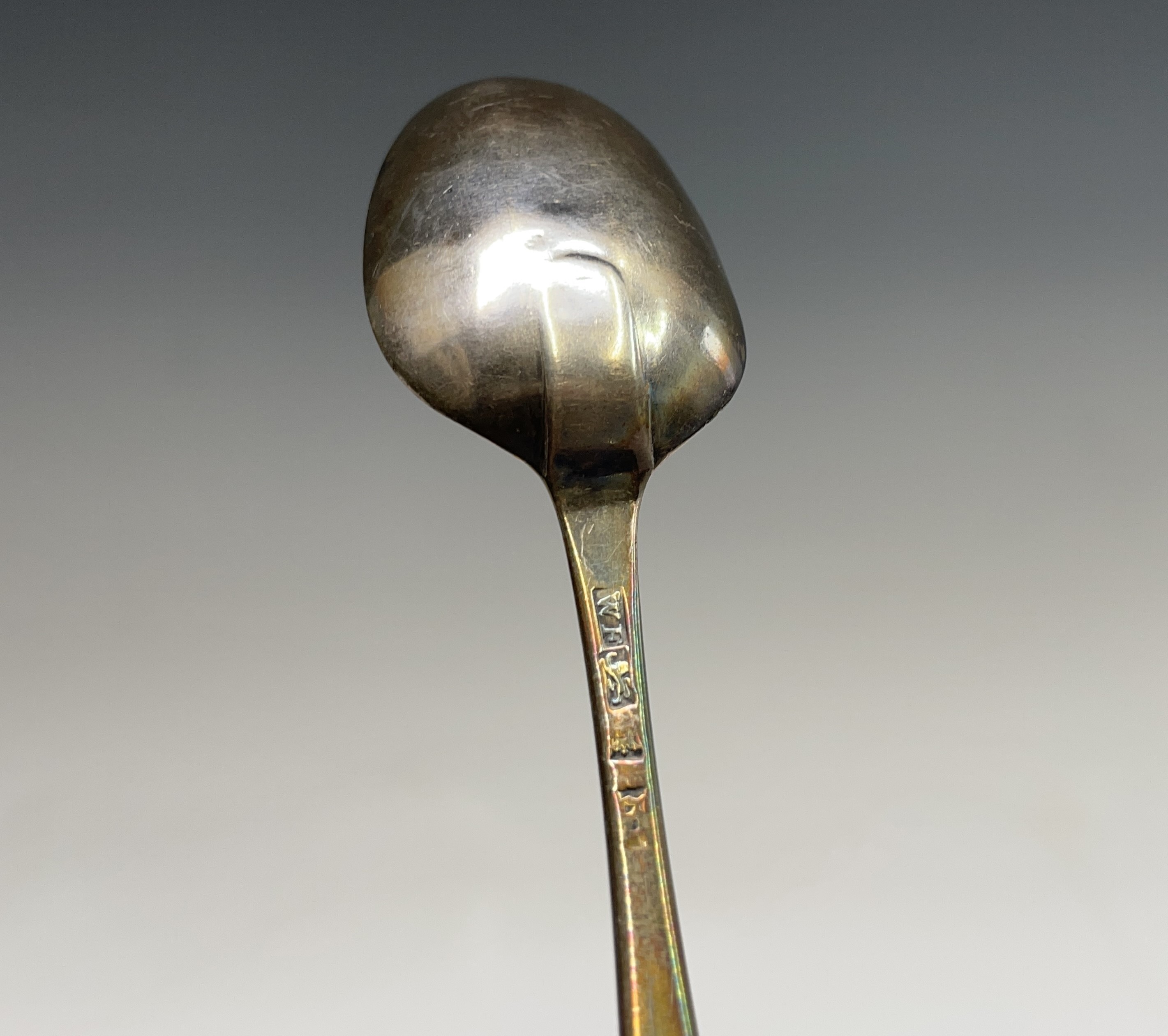 Two George III silver tablespoons marks worn, one has a lace back bowl and Hester Bateman makers - Image 9 of 11