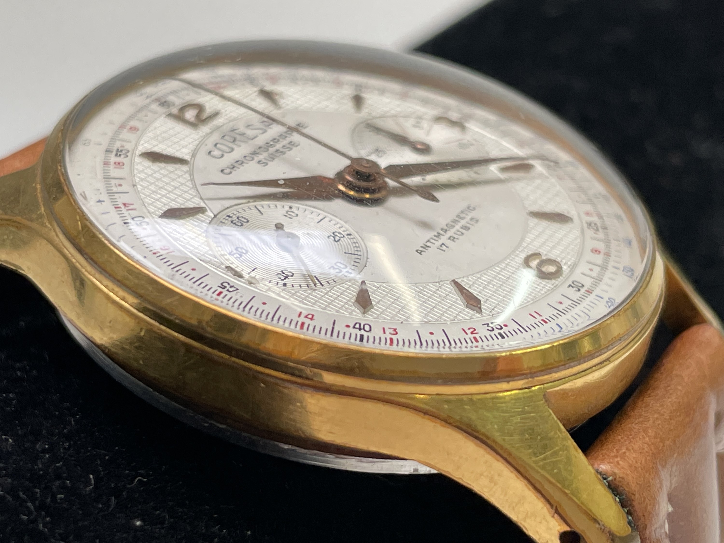 A Coresa gold plated chronograph wristwatch 36.8mm diameter 47.8gm including strap. Phillip - Image 3 of 18