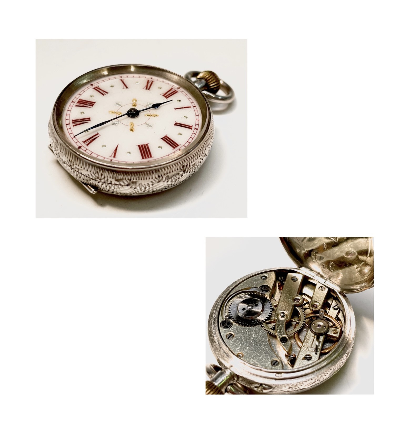 Ten silver cased keyless fob watches each with an ornamental dial and each with engraved decoration. - Image 7 of 60