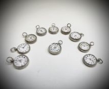 Ten silver cased key-wind fob watches each with an ornamental dial and each with engraved