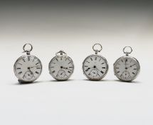 Four English fusee silver open face pocket watches, the largest 44.74mm. Phillip Wadsworth. Died