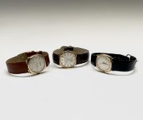 Three 9ct gold cased wristwatches each with rounded square case. Nitella, Winegartens and Avia.