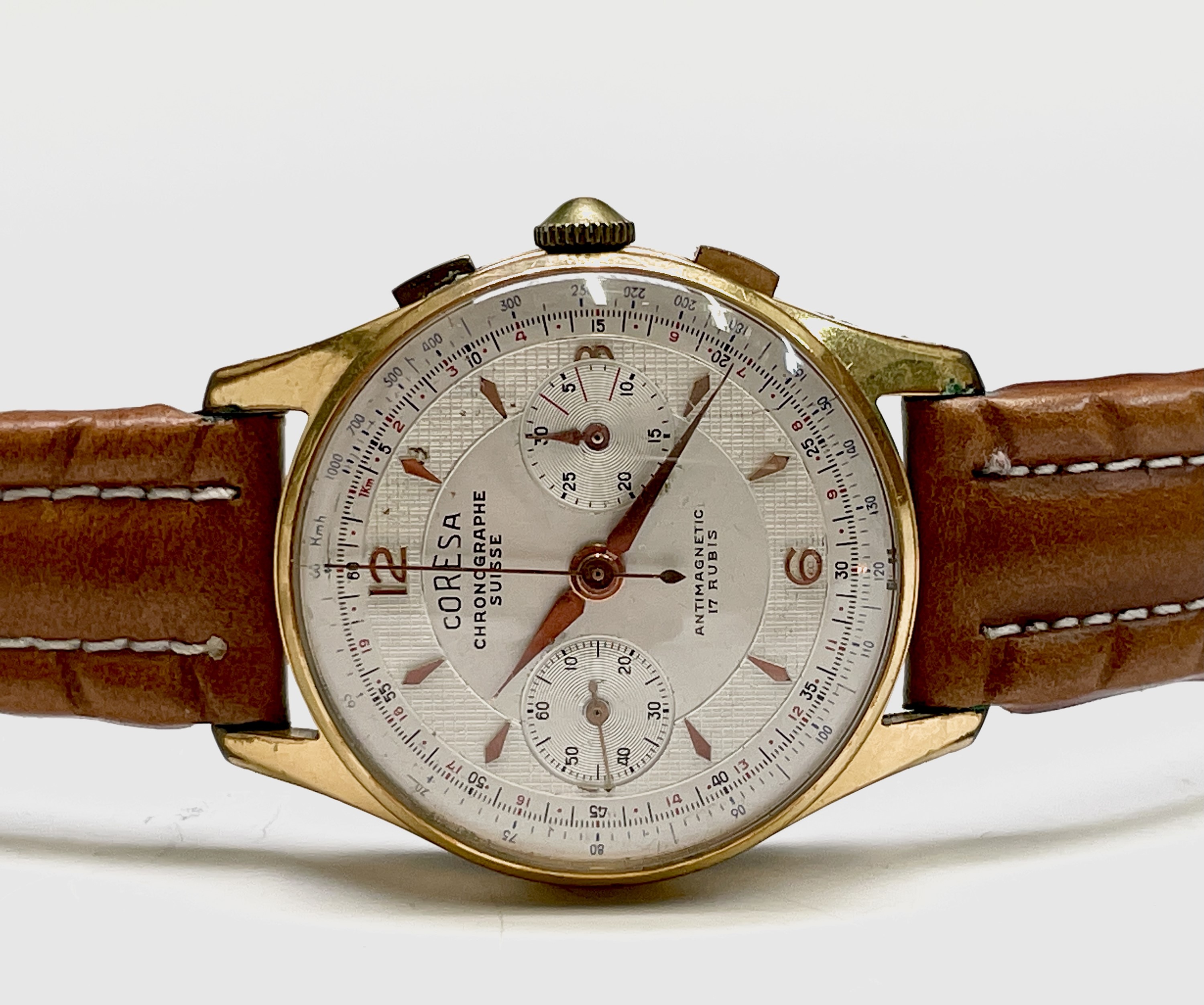 A Coresa gold plated chronograph wristwatch 36.8mm diameter 47.8gm including strap. Phillip