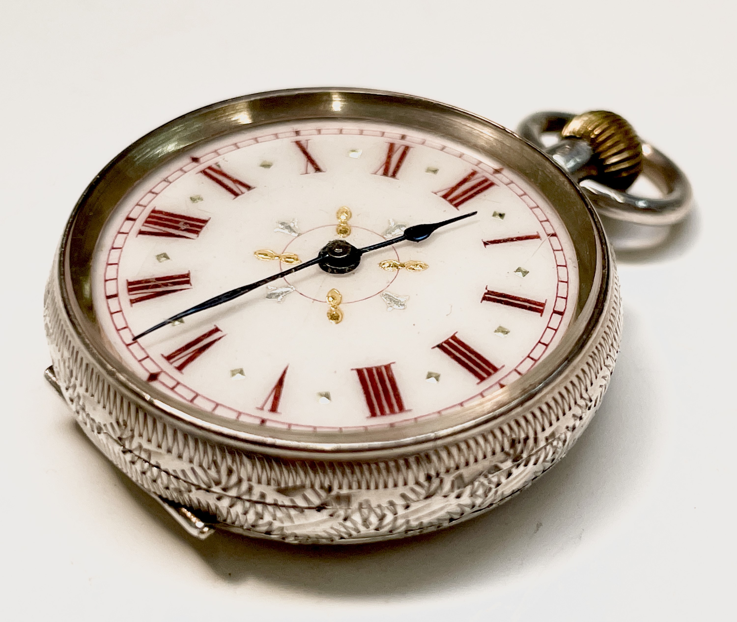 Ten silver cased keyless fob watches each with an ornamental dial and each with engraved decoration. - Image 6 of 60