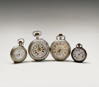 Two fancy silver cased keyless pocket watches each 44mm together with two fob watches. Phillip