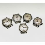 Five nickel-plated military-style wristwatches, Cyma Tavannes 28.5mm, Samuel Minster 30.2mm, Avional