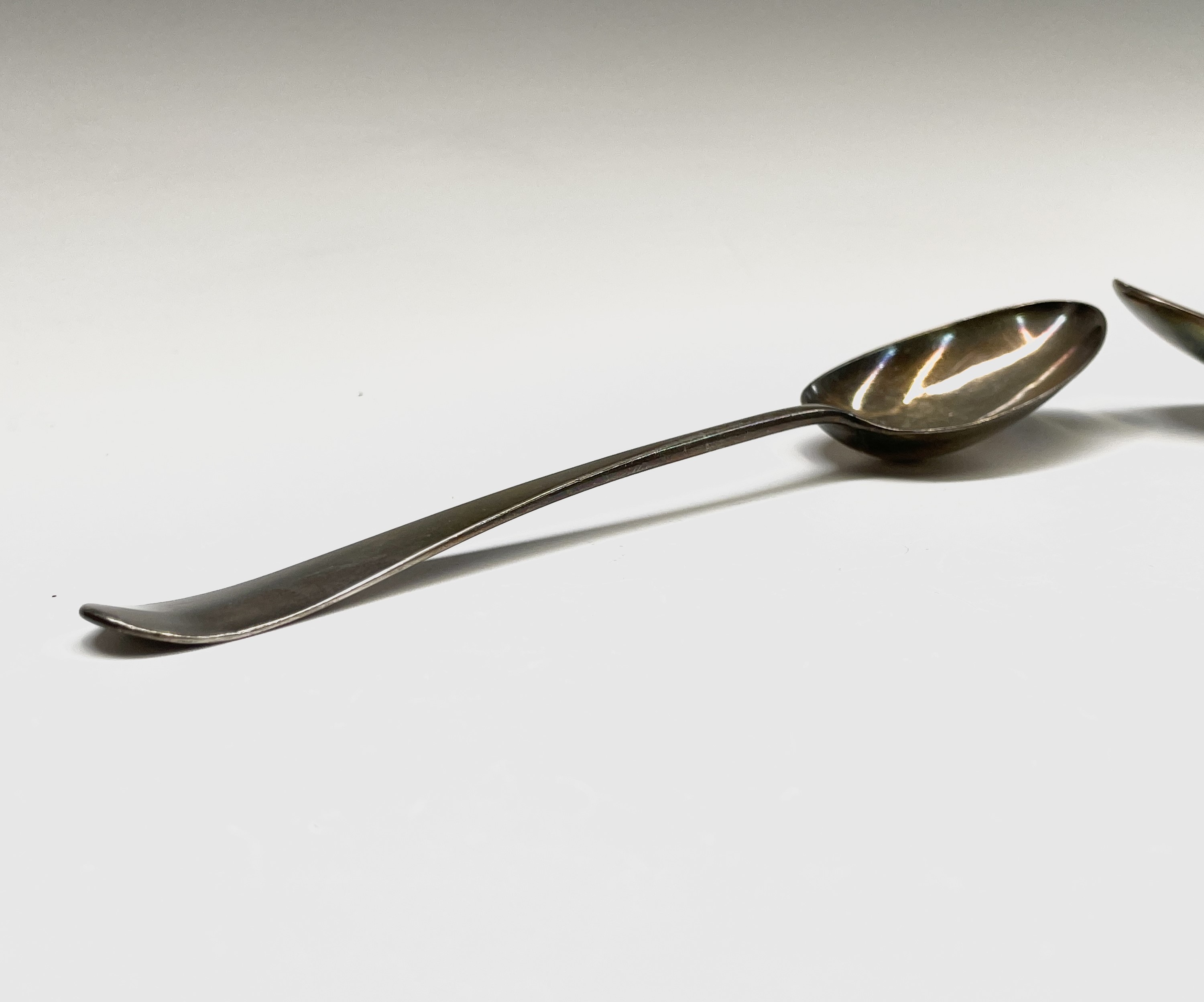 Two George III silver tablespoons marks worn, one has a lace back bowl and Hester Bateman makers - Image 11 of 11