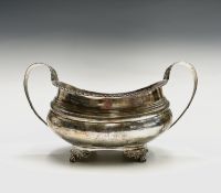 A George III, oval silver sugar bowl by Thomas Wilkes Barker with gadrooned border and anthemion