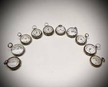 Ten silver cased key-wind fob watches each with an ornamental dial and each with engraved