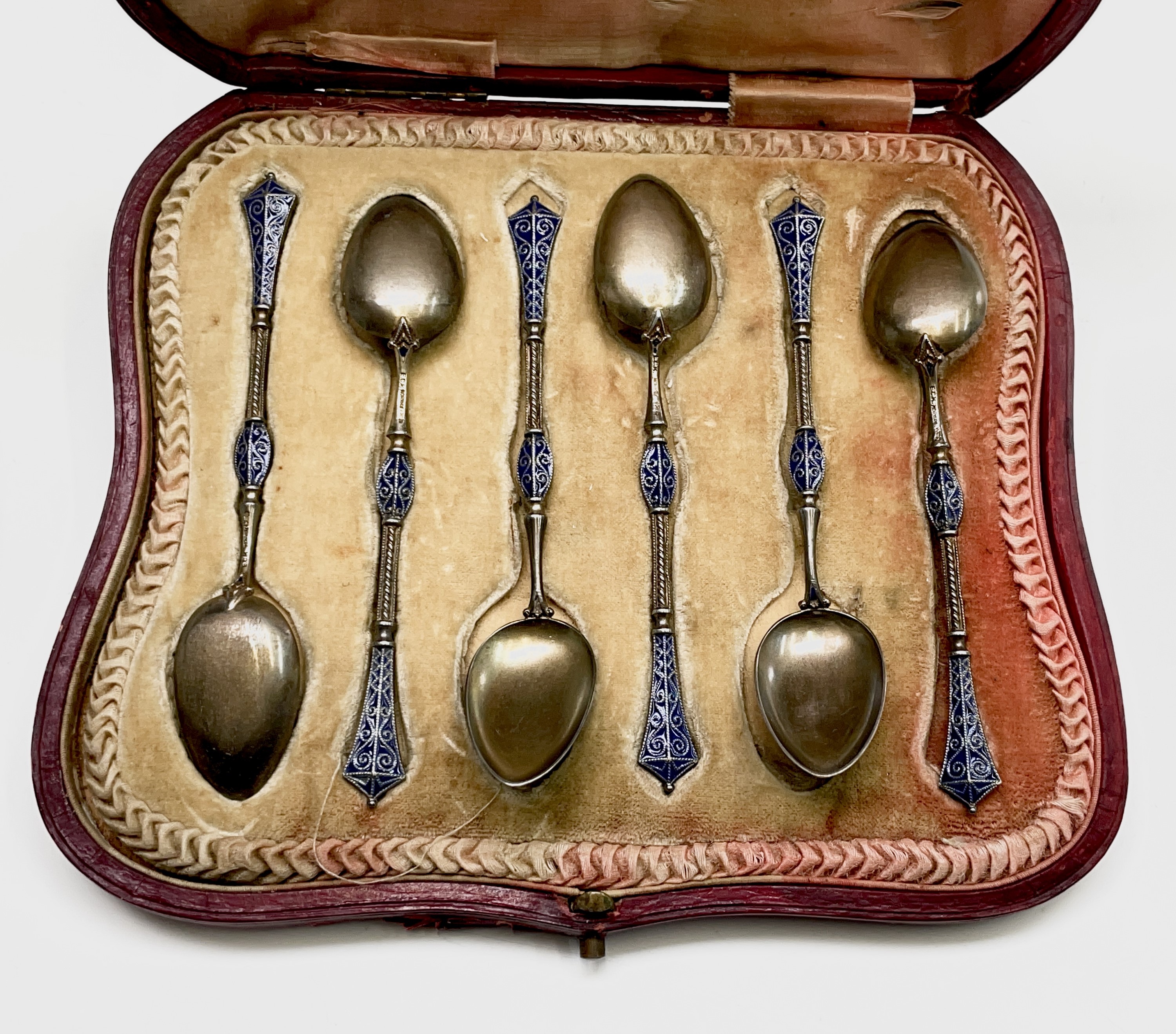 A set of six Norwegian silver and enamel teaspoons makers mark ECK 62.5gm retail case of Edward & - Image 10 of 17