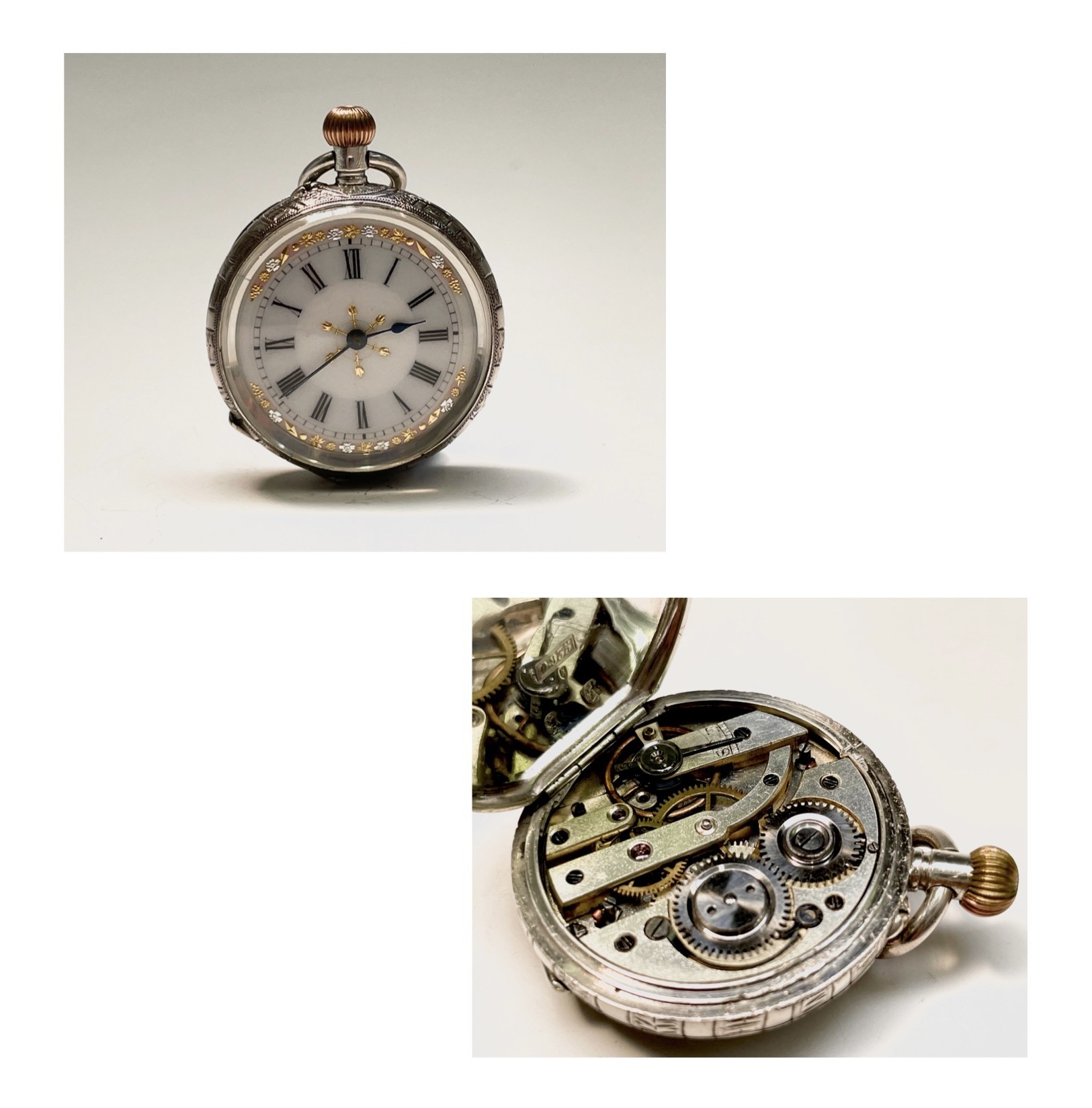 Ten silver cased keyless fob watches each with an ornamental dial and each with engraved decoration. - Image 21 of 60