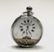An 8 day Hebdomas nickel cased pocket watch with visible escapement 43.7mm. Phillip Wadsworth.