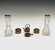 Four miniature objects made from pennies together with a pair of cut glass vases with silver rims