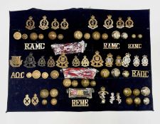 RAMC, RAOC, REME Corps Regiments. A display card containing cap badges, collar dogs, shoulder titles