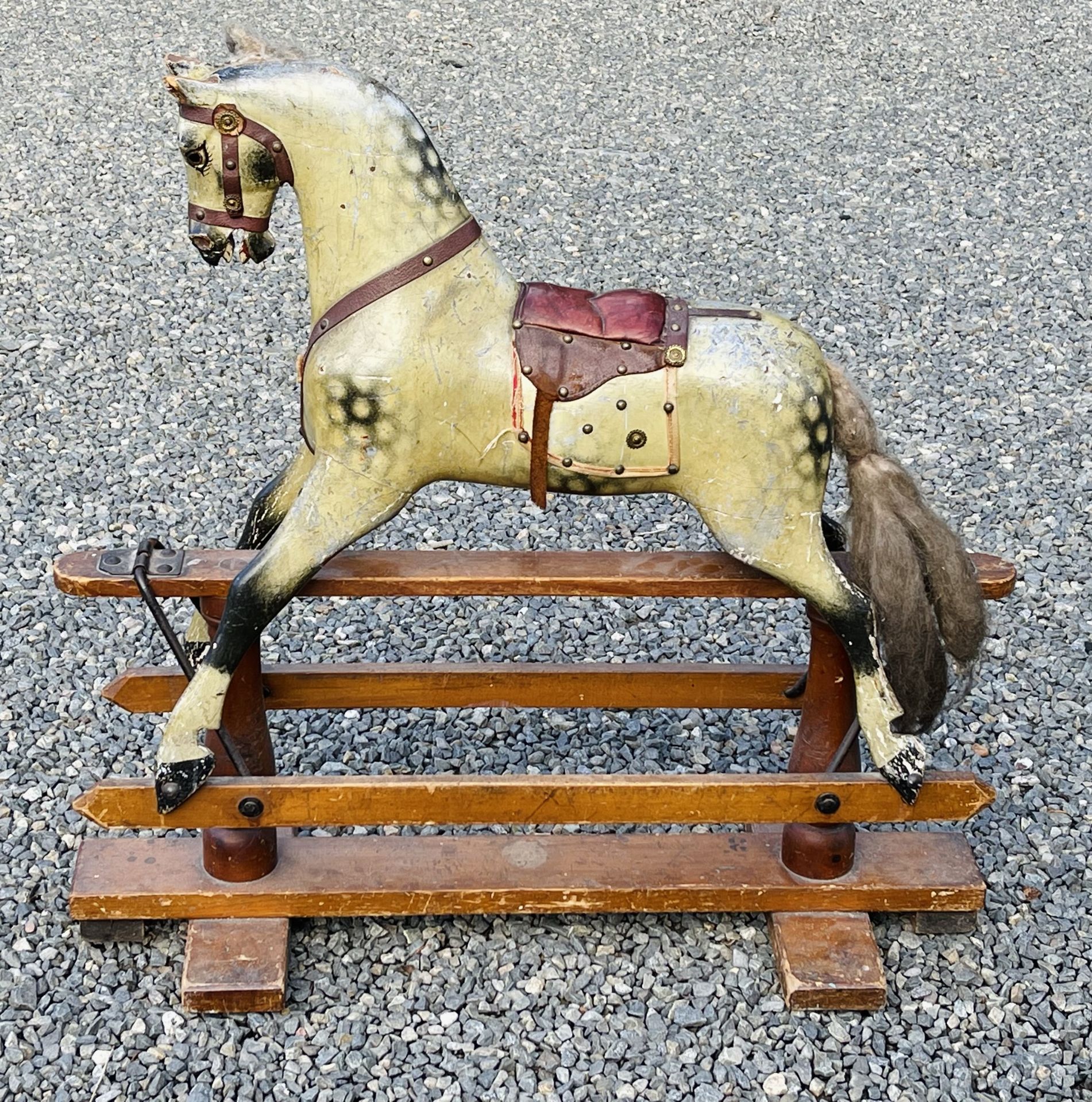 Child's wooden rocking horse. An early 20th century wooden horse with leather attachments - length - Image 11 of 13