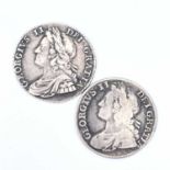 George II Shillings x 2. 1734 Roses & Plumes VF, 1739 Roses F. Condition: please request a condition