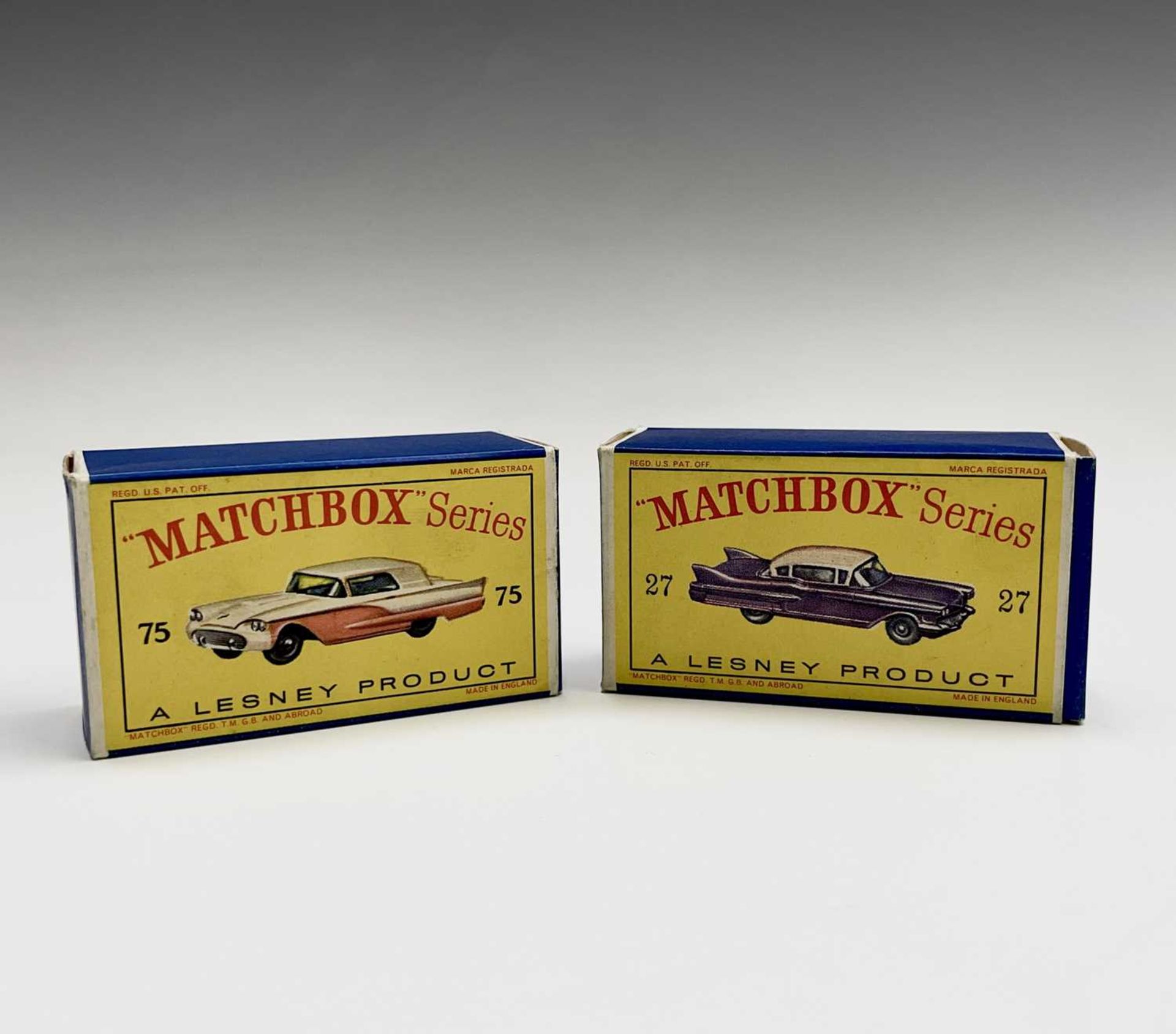 Lesney - Matchbox Toys nos 27 and 75. Cadillac Sedan, metalic lilac body, pink roof, black base, S. - Image 7 of 11