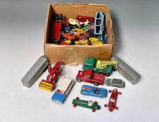 Diecast Toys. A plastic box containing a quantity of playworn Matchbox, Corgi and Dinky vehicles