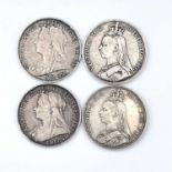 Crowns, Queen Victoria (x4) 1887, 1889, 1893 and 1895. All F-VF. Condition: please request a