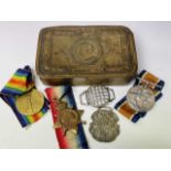 World War One Medals / Queen Mary Brass Gift Tin. Lot comprises 1914/15 Trio awarded to Pnr G.T.